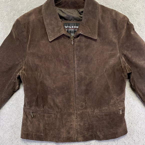 VINTAGE Wilsons Leather Suede Jacket Womens Large Brown Zip Up Pockets 90s - Picture 3 of 16